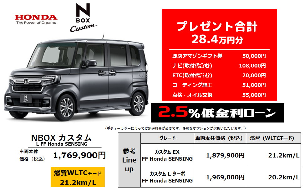 ホンダ Nｰboxカスタムの新車情報 値引きとオプションプレゼント比較 ウッドベル新車情報サイト