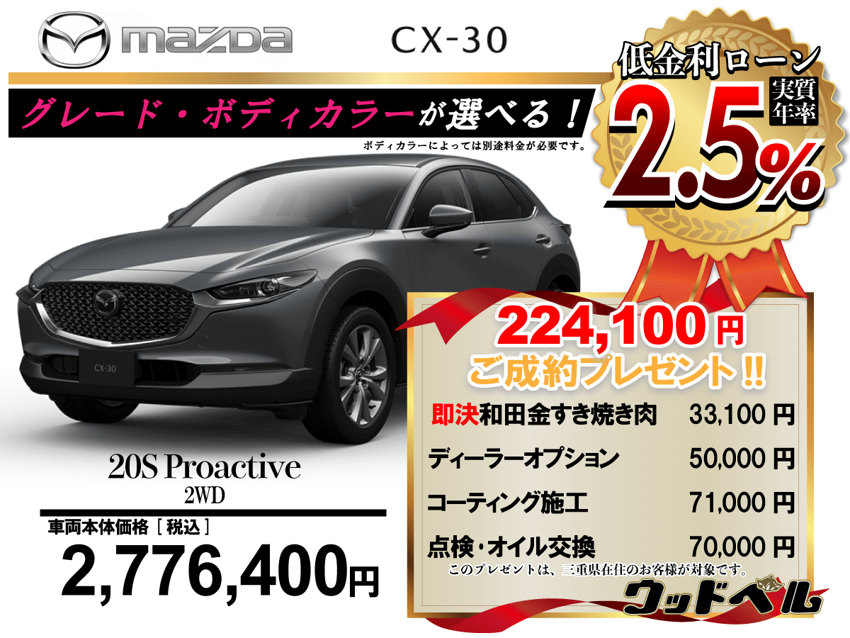【ウッドベル限定】マツダ・CX-30低金利120回ローン＆ご成約プレゼント