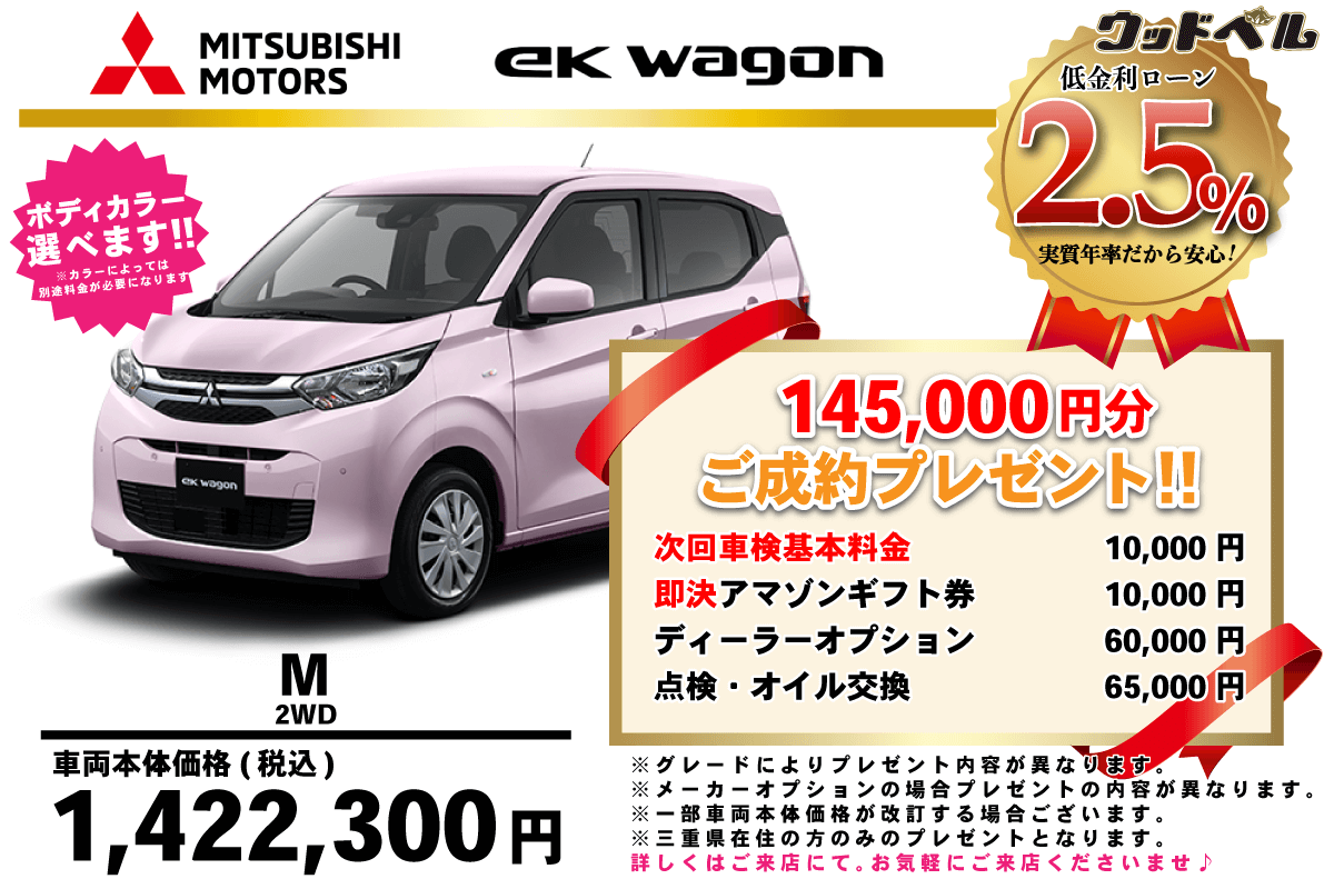 【ウッドベル限定】ミツビシ・ekワゴン低金利120回ローン＆ご成約プレゼント