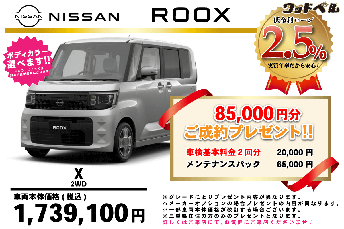 【ウッドベル限定】日産・ルークス低金利120回ローン＆ご成約プレゼント