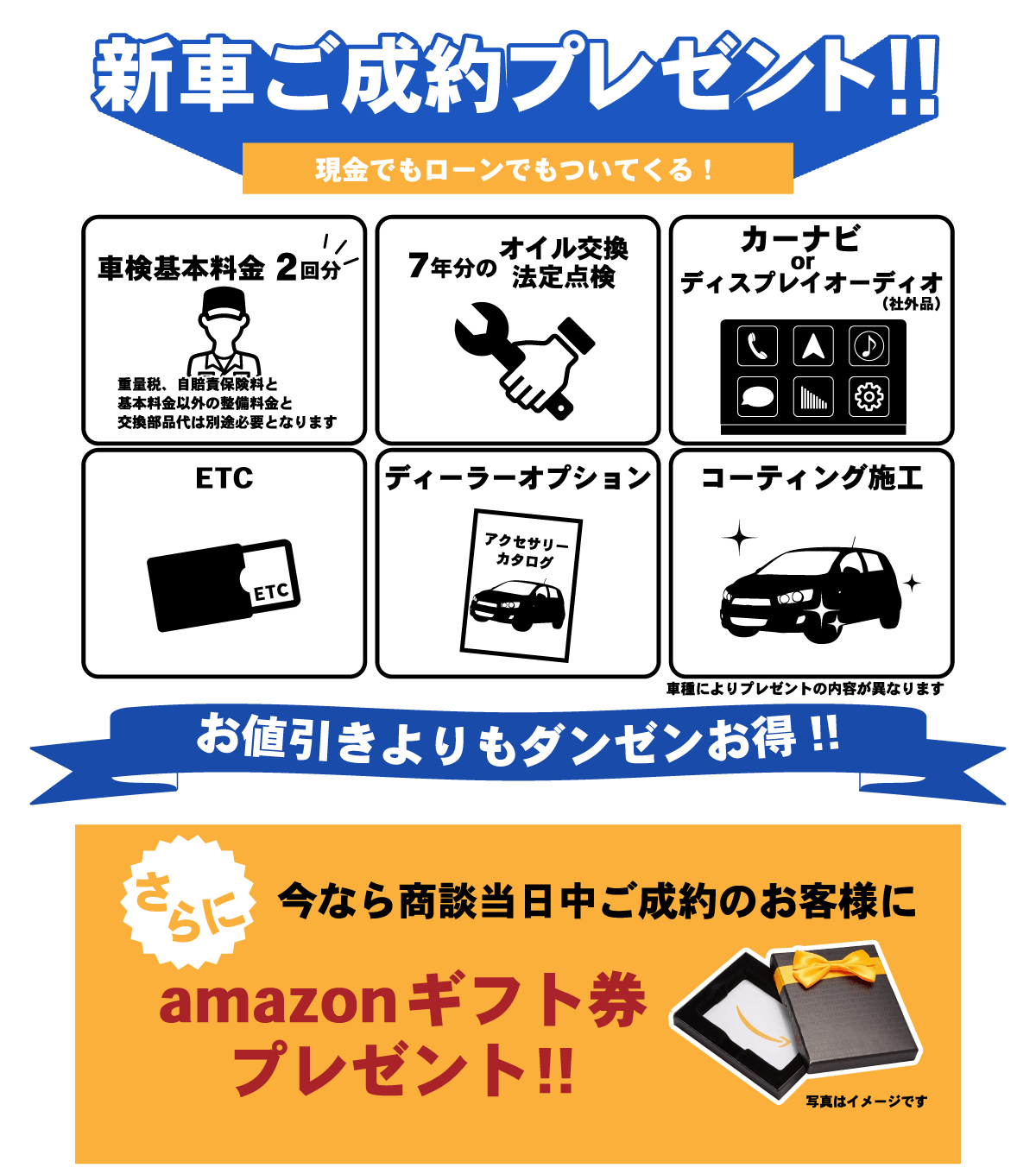 新車ご成約プレゼント（現金でもローンでもついてくる！） ・車検基本料金2回分（重量税。自賠責保険料と基本料金以外の整備料金と交換部品代は別途必要になります） ・7年分のオイル交換と法定点検 ・カーナビorディスプレイオーディオ ・ETC ・ディーラーオプション ・コーティング施工 （車種によりプレゼントの内容が異なります） お値引きよりもダンゼンお得！！ さらに今なら商談当日中のご成約のお客様にamazonギフト券プレゼント！
