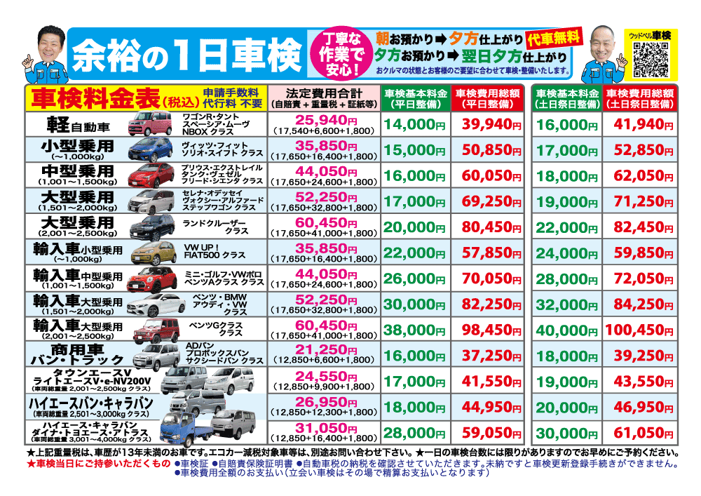 一日車検軽自動車平日基本料金14,000円：総計39,940円～｜土日祝基本料金16,000円：総計41,940円～